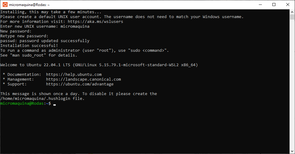 Captura de pantalla del terminal de Ubuntu en WSL2, listo para recibir comandos y trabajar con él